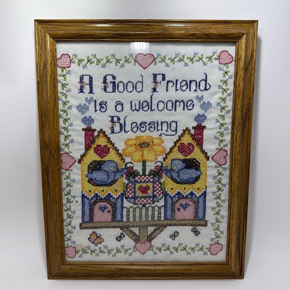 Vintage Cross Stitch Needlepoint Handmade Oak Framed Wall Art 12x15 Birdhouse
